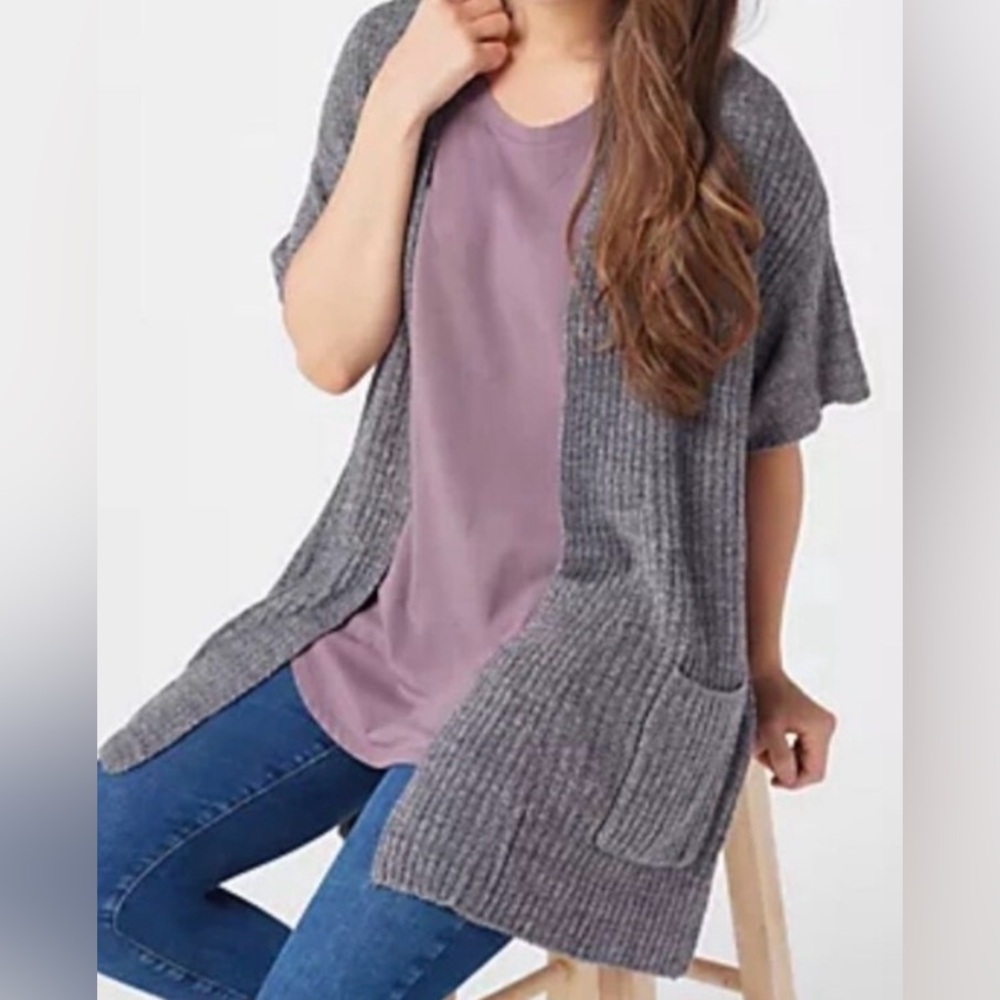 Barefoot Dreams CozyChic Lite Ribbed Sleeveless Long Cardigan Vest M Carbon Gray